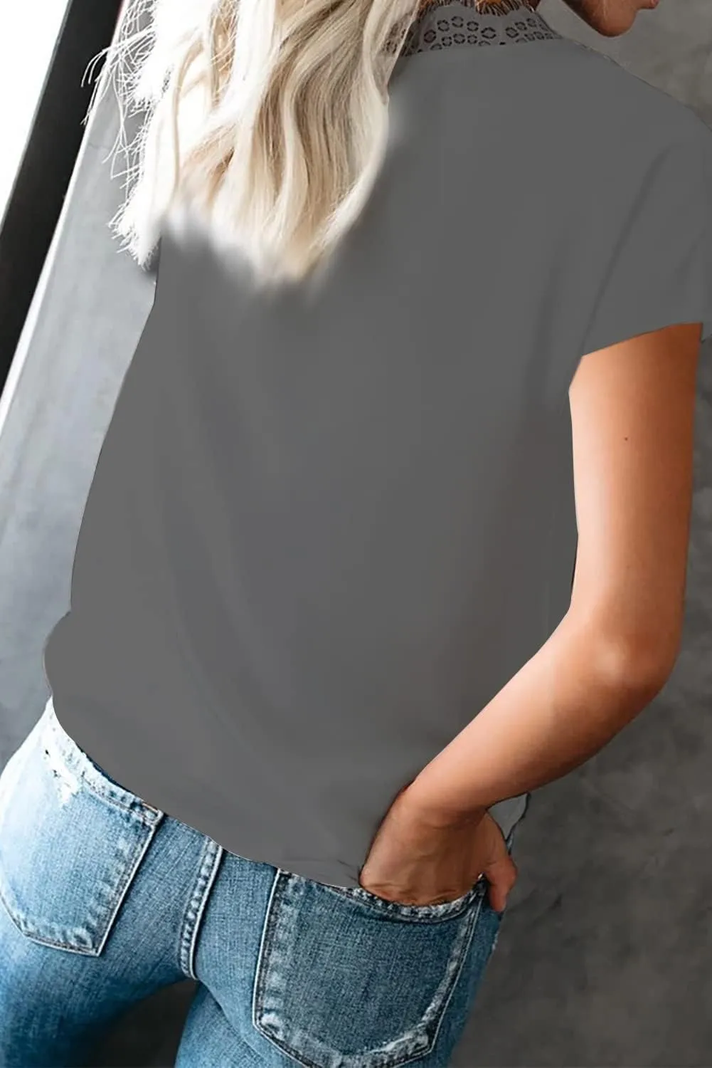 lime flare Dressy Lace Trim Blouse Tops Popular Short Sleeve Shirt