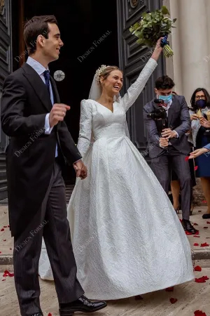 Long Sleeves V-neck Jacquard Ballgown Designer Wedding Dress