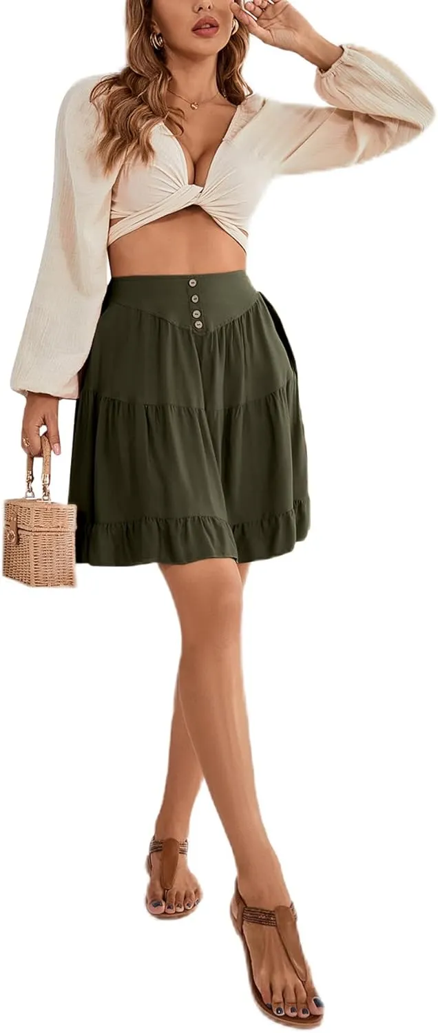 LYANER Women's Casual High Waist A Line Ruffle Hem Swing Skater Short Mini Skirt