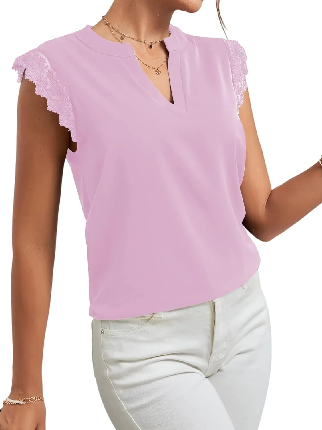 LYANER Women's Elegant Notch V Neck Lace Trim Cap Sleeve Blouse Shirt Sleeveless Top