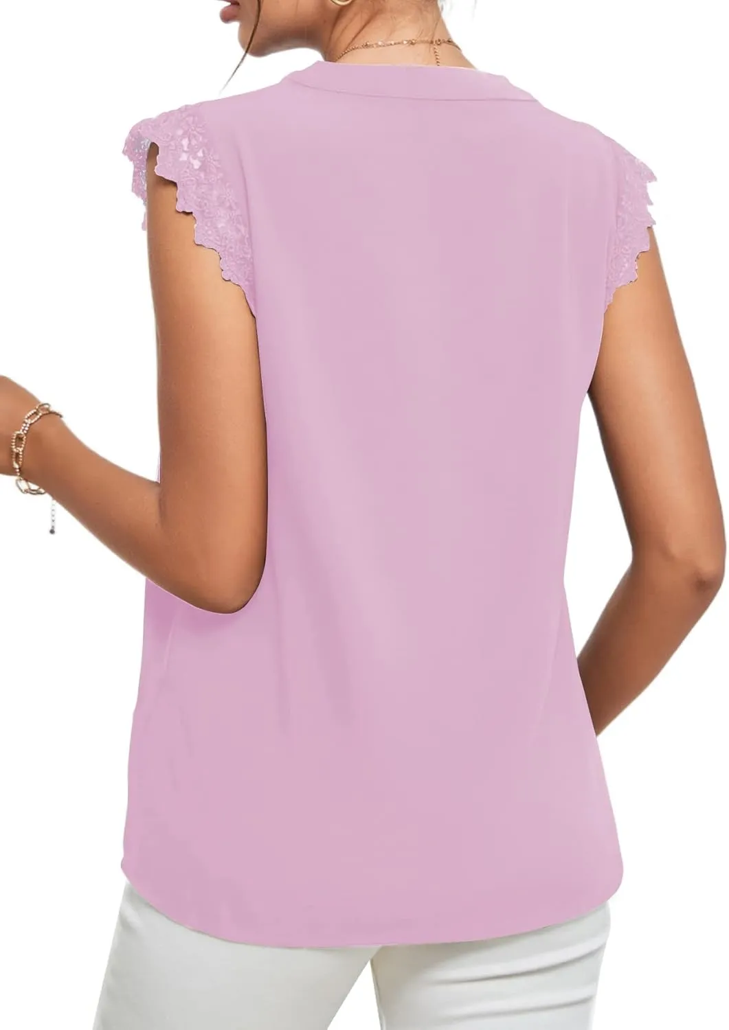 LYANER Women's Elegant Notch V Neck Lace Trim Cap Sleeve Blouse Shirt Sleeveless Top