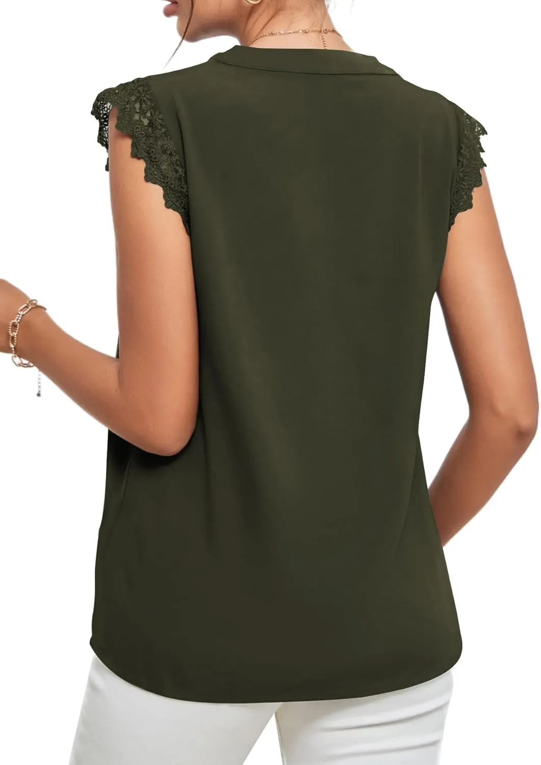 LYANER Women's Elegant Notch V Neck Lace Trim Cap Sleeve Blouse Shirt Sleeveless Top