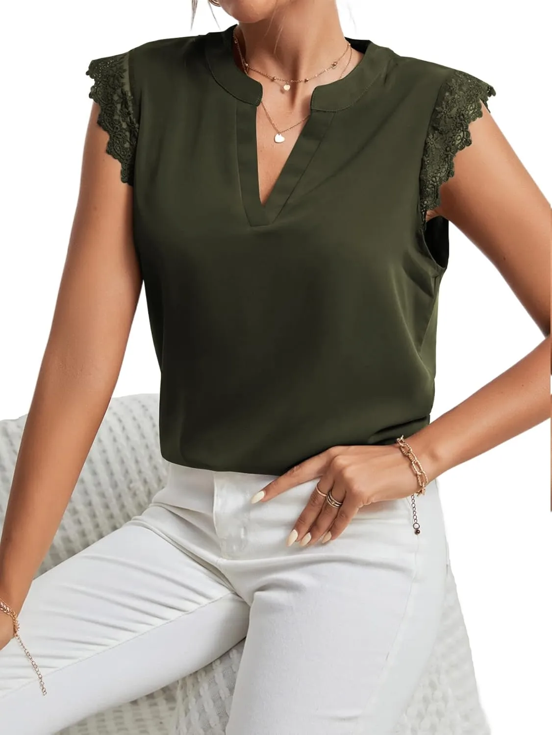 LYANER Women's Elegant Notch V Neck Lace Trim Cap Sleeve Blouse Shirt Sleeveless Top