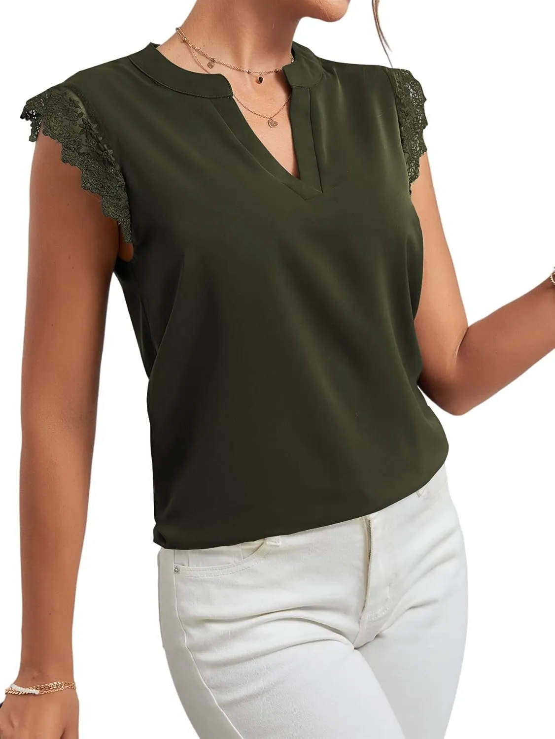 LYANER Women's Elegant Notch V Neck Lace Trim Cap Sleeve Blouse Shirt Sleeveless Top