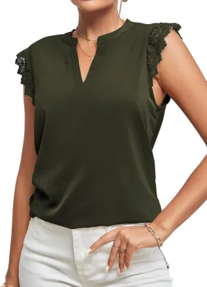LYANER Women's Elegant Notch V Neck Lace Trim Cap Sleeve Blouse Shirt Sleeveless Top