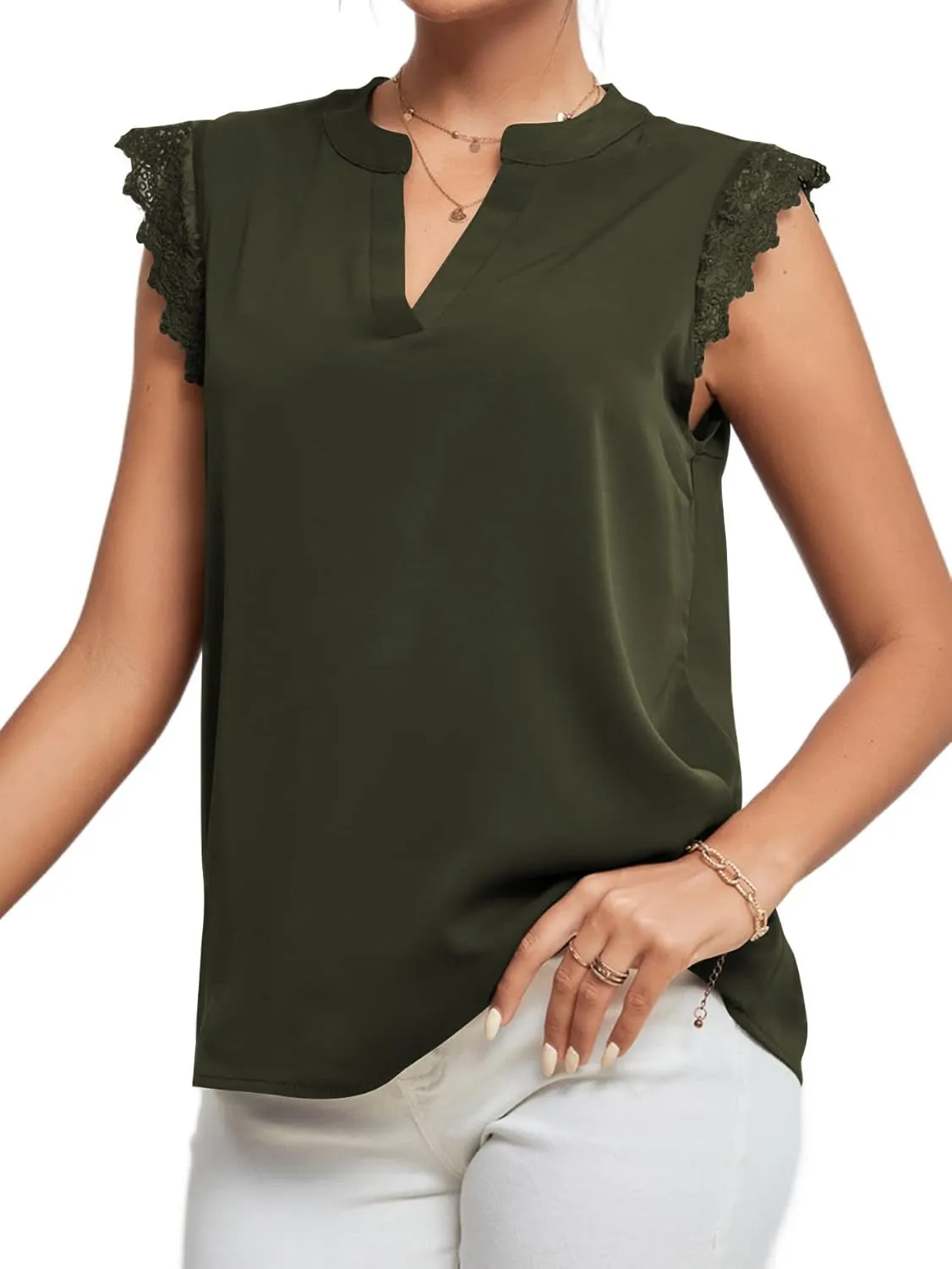 LYANER Women's Elegant Notch V Neck Lace Trim Cap Sleeve Blouse Shirt Sleeveless Top
