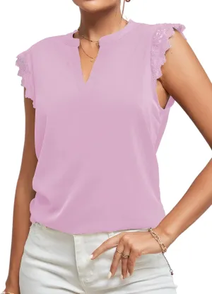 LYANER Women's Elegant Notch V Neck Lace Trim Cap Sleeve Blouse Shirt Sleeveless Top