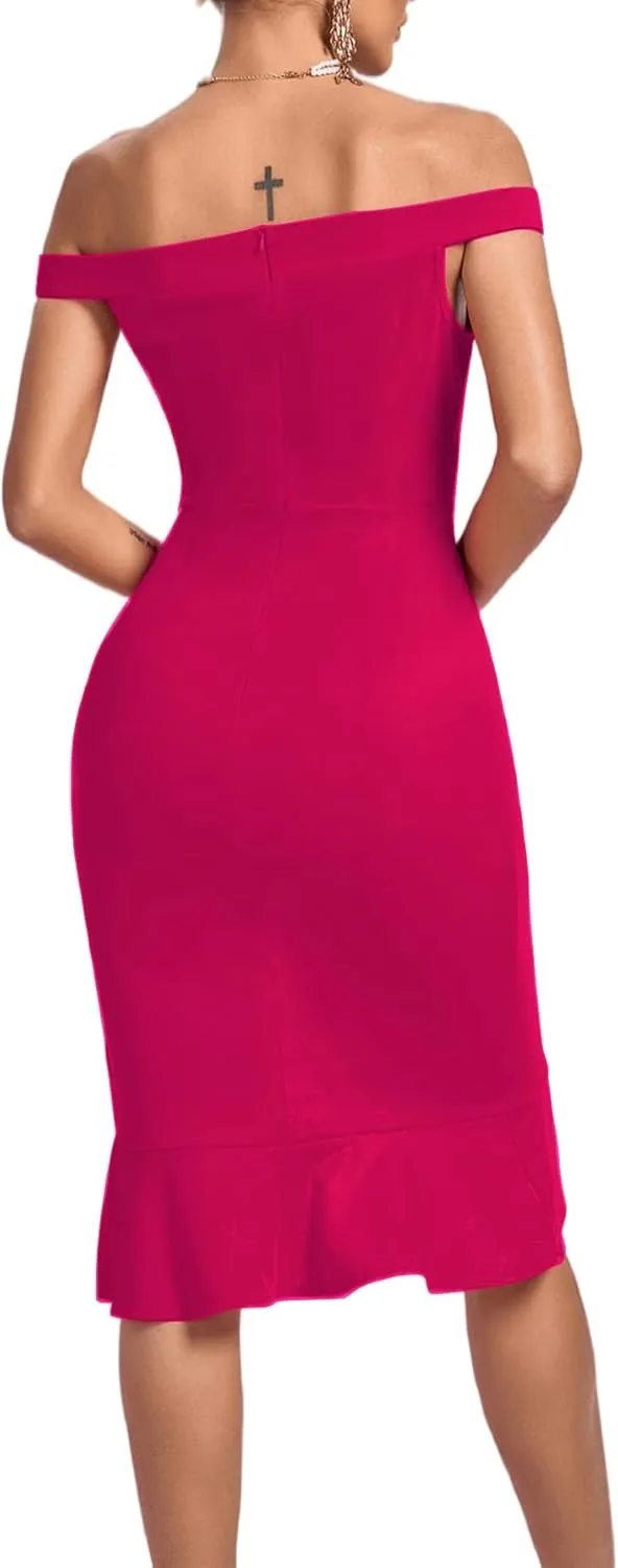 LYANER Women's Off Shoulder Ruffle Split Hem Bodycon Party Club Midi Dress