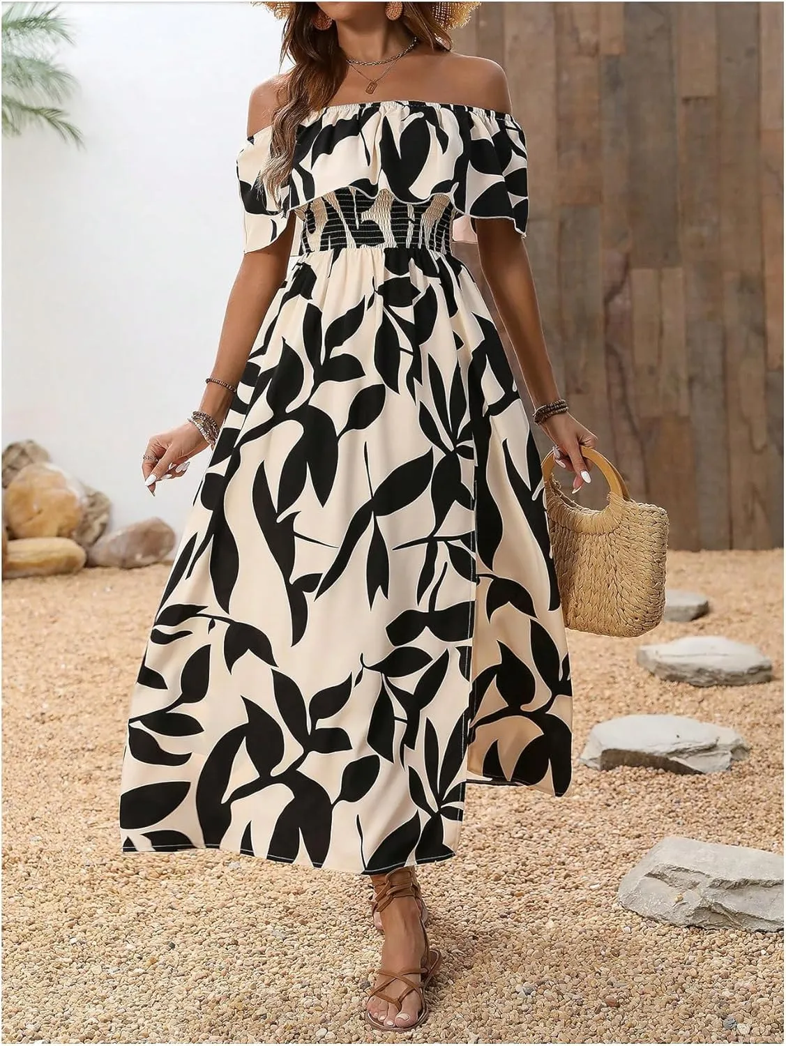 MakeMeChic Women's Floral Print Boho Dress Off Shoulder Shirred Split Thigh Midi Long Dresses