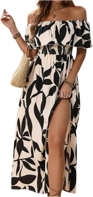 MakeMeChic Women's Floral Print Boho Dress Off Shoulder Shirred Split Thigh Midi Long Dresses