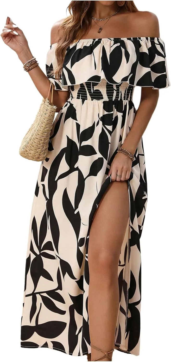 MakeMeChic Women's Floral Print Boho Dress Off Shoulder Shirred Split Thigh Midi Long Dresses