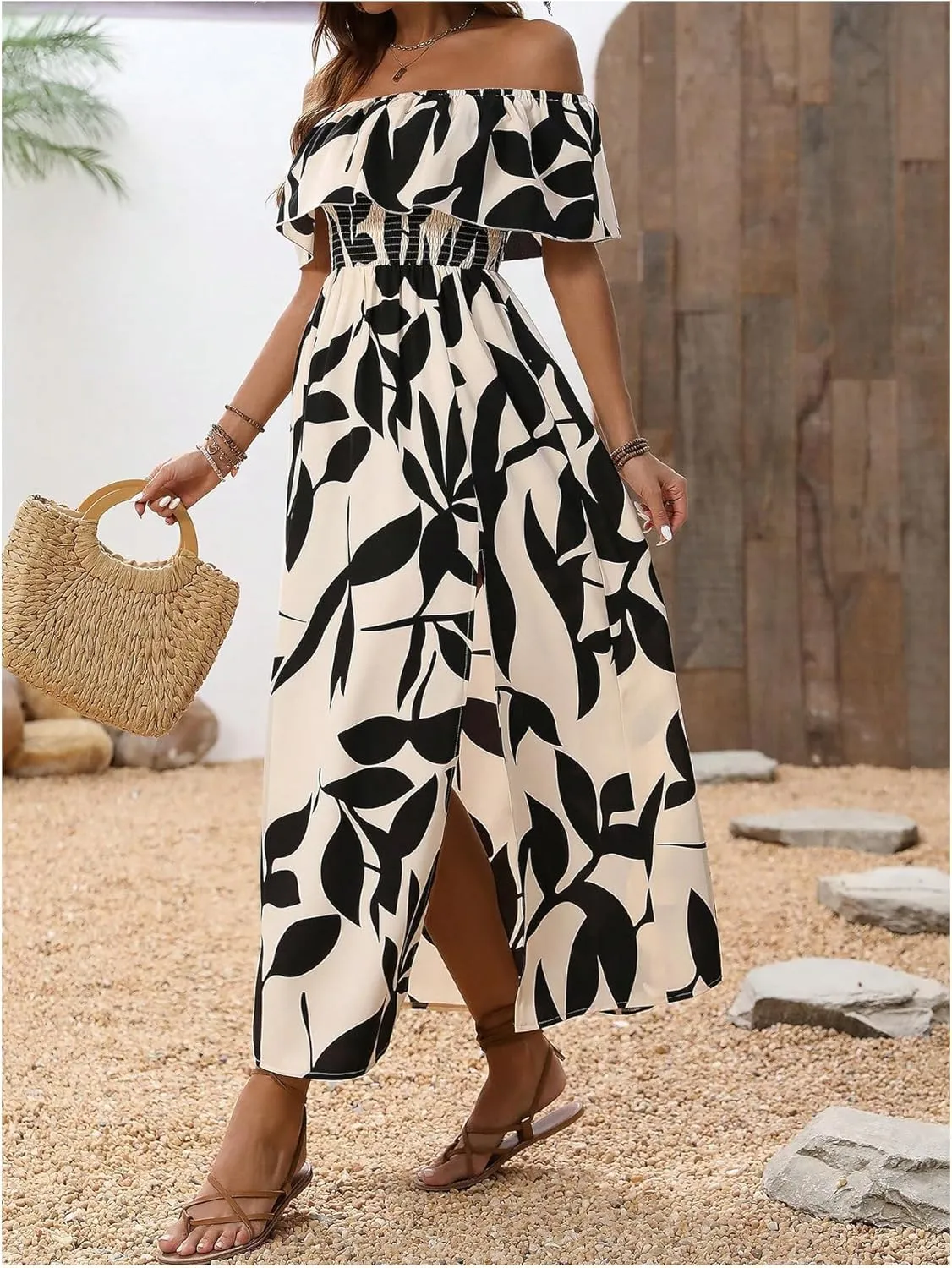 MakeMeChic Women's Floral Print Boho Dress Off Shoulder Shirred Split Thigh Midi Long Dresses
