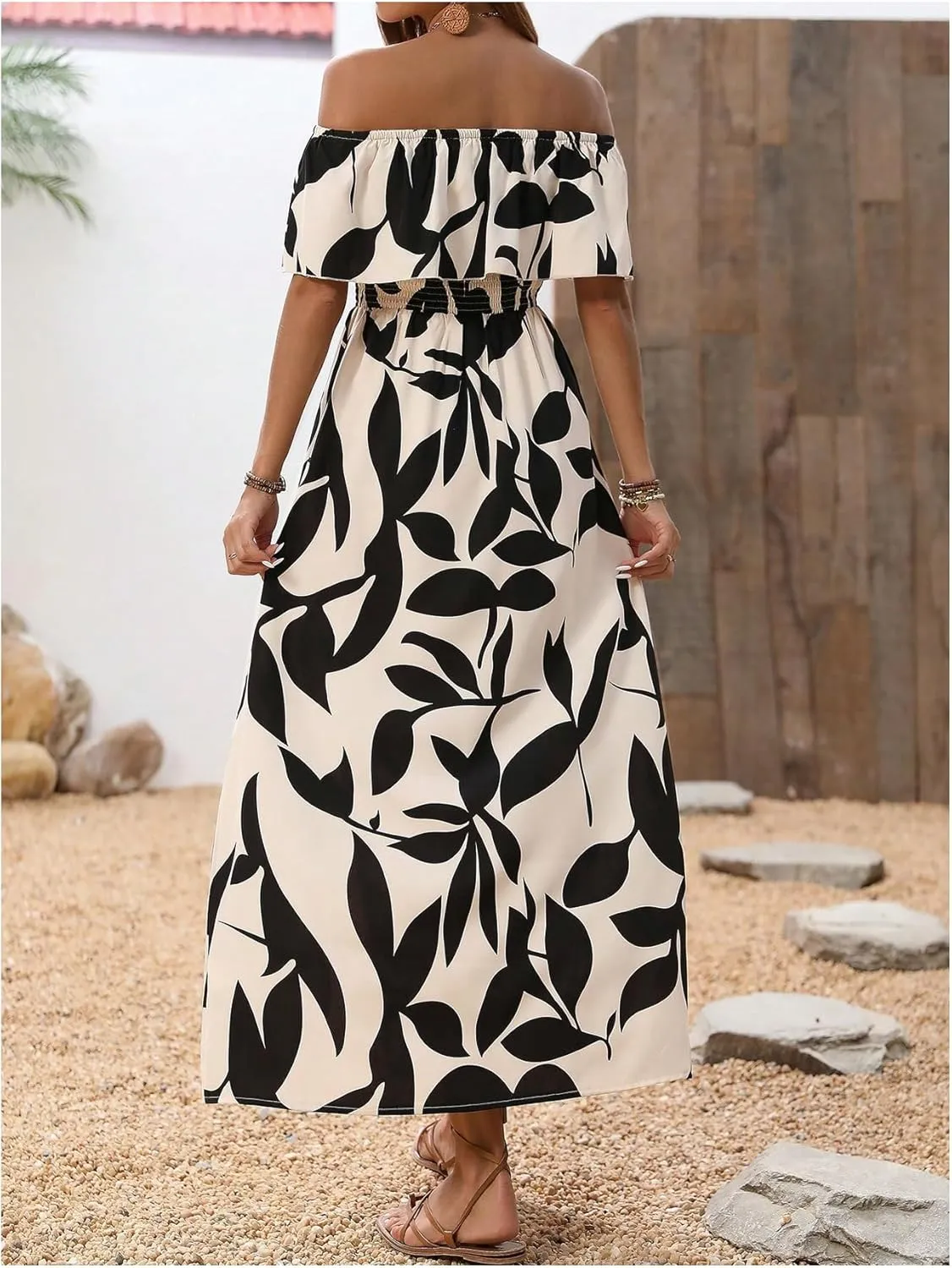 MakeMeChic Women's Floral Print Boho Dress Off Shoulder Shirred Split Thigh Midi Long Dresses