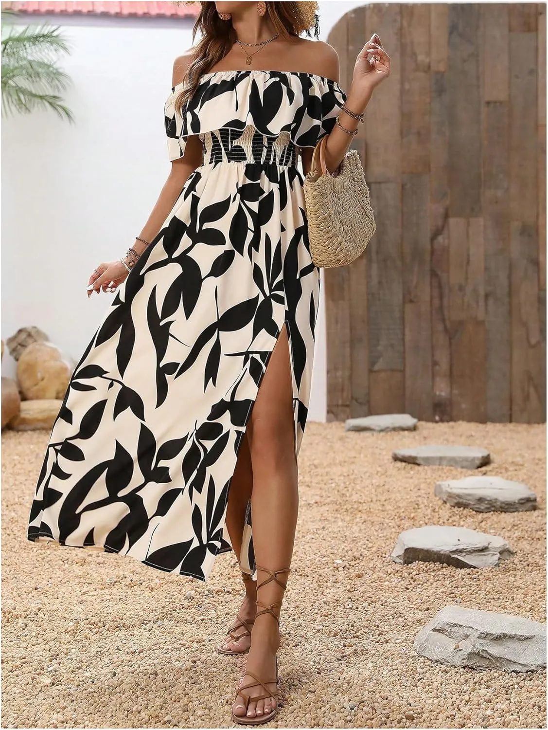 MakeMeChic Women's Floral Print Boho Dress Off Shoulder Shirred Split Thigh Midi Long Dresses