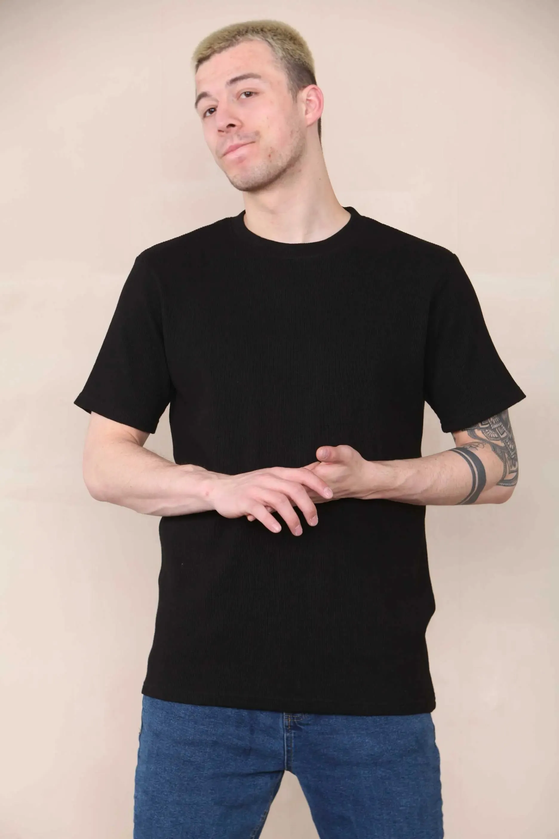 Man Slim Fit Crew Neck Waffle T-Shirt