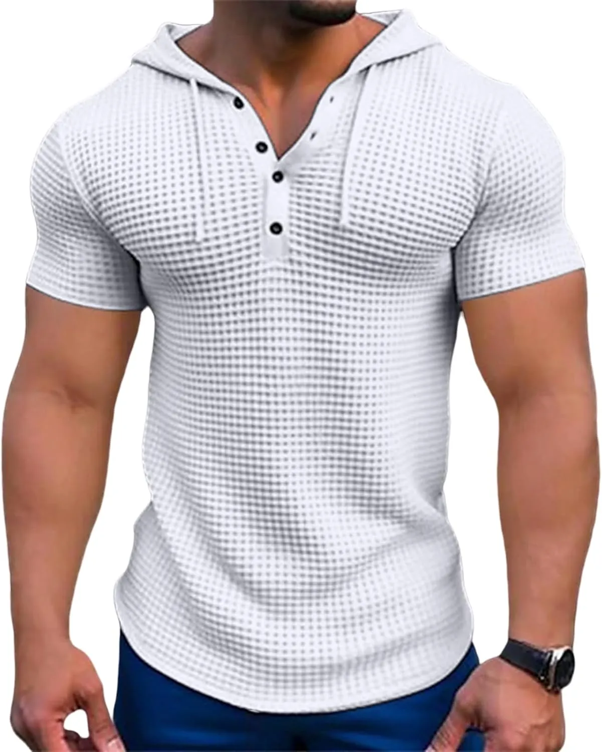 Mens Hoodies Drawstring Waffle Knit Tops Slim Fit Lightweight Summer Hooded Sweatshirt Gym Muscle Fit T Shirts Tshirt