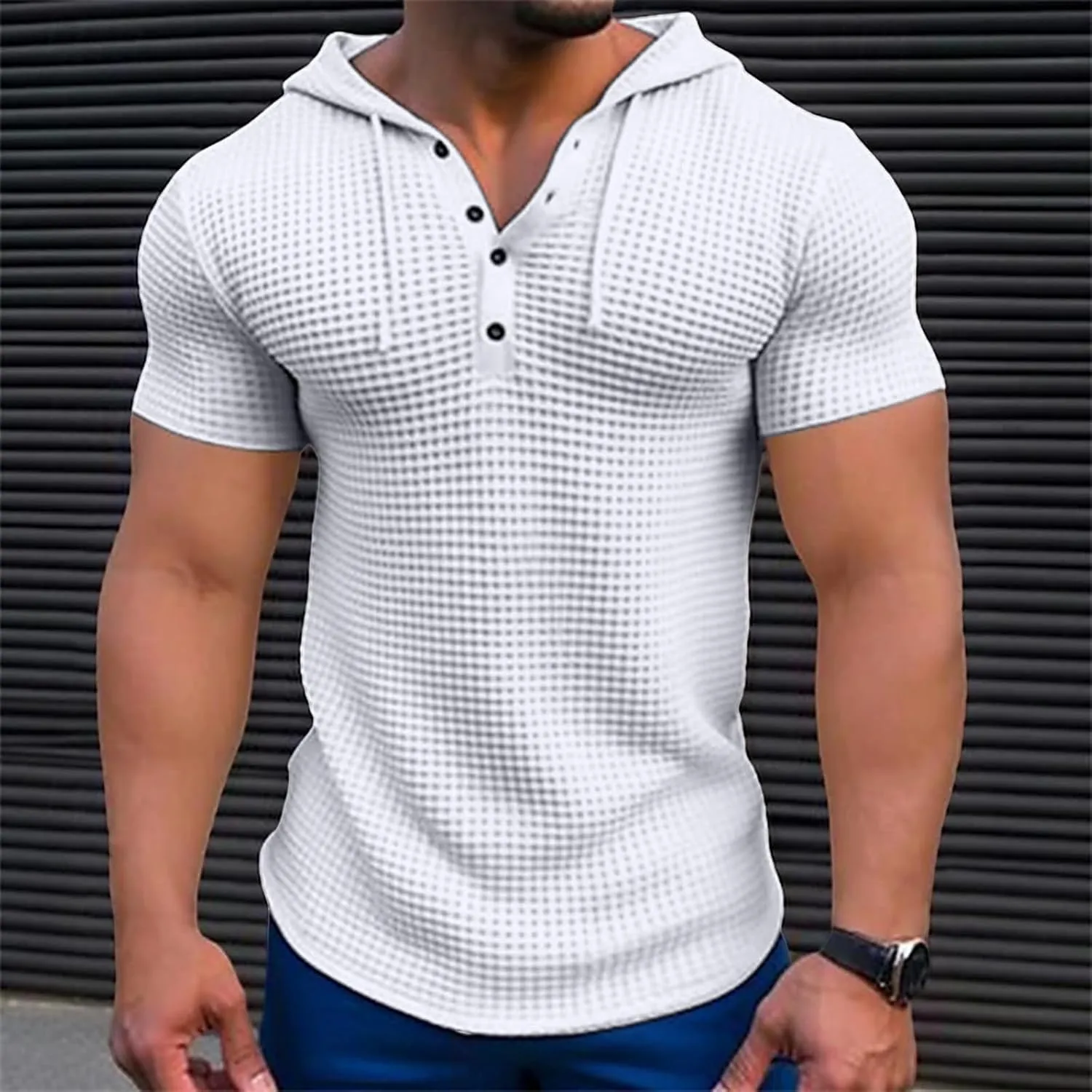 Mens Hoodies Drawstring Waffle Knit Tops Slim Fit Lightweight Summer Hooded Sweatshirt Gym Muscle Fit T Shirts Tshirt