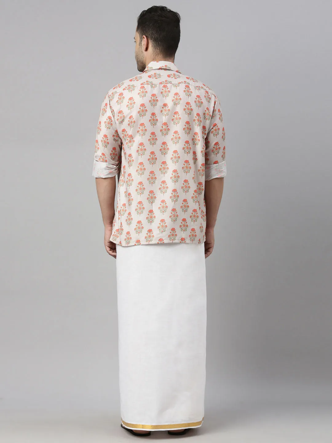 Men's Multicolor-Base-Beige And White Muslin Blend Shirt And Mundu - Vastramay