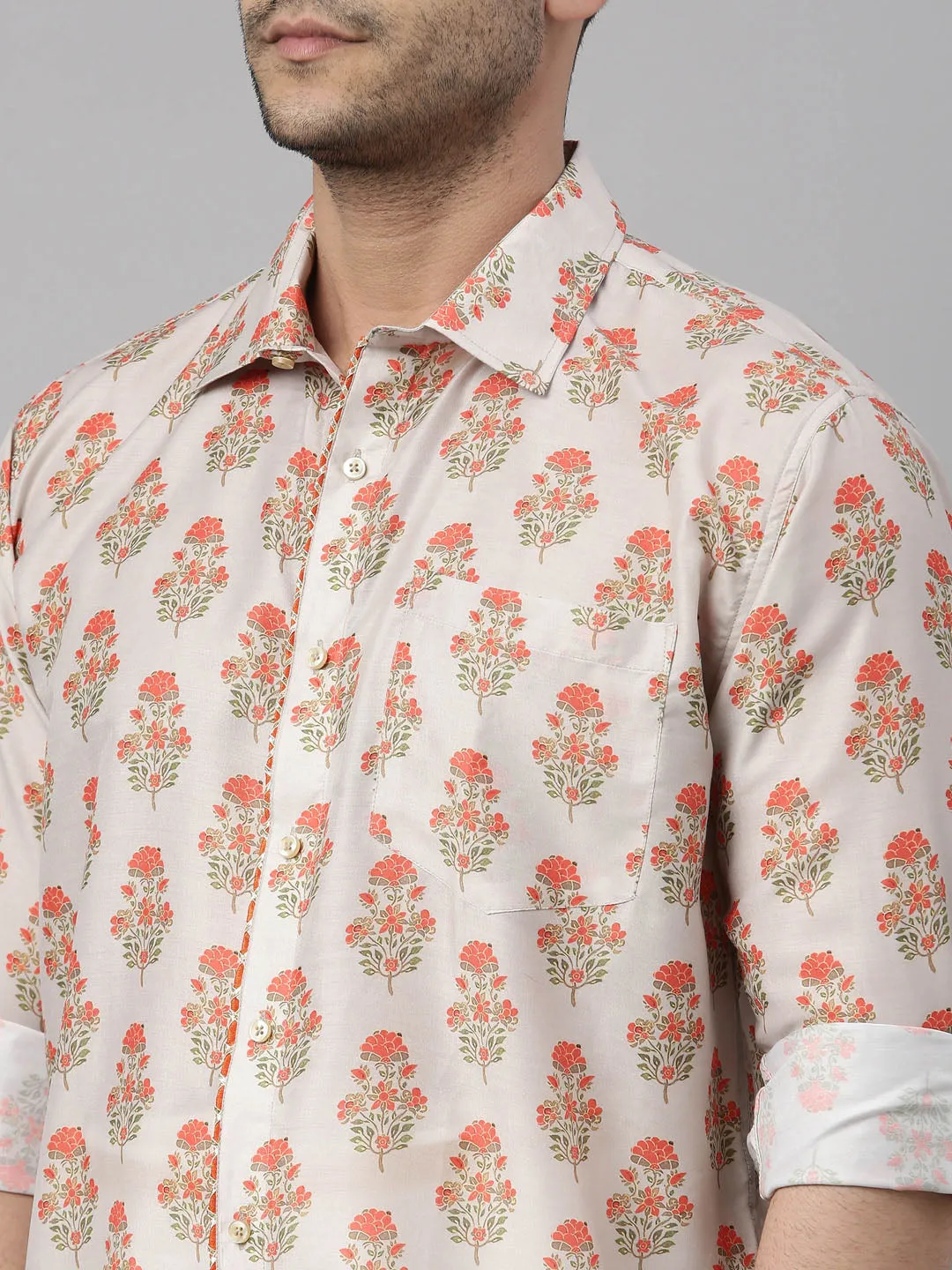 Men's Multicolor-Base-Beige And White Muslin Blend Shirt And Mundu - Vastramay