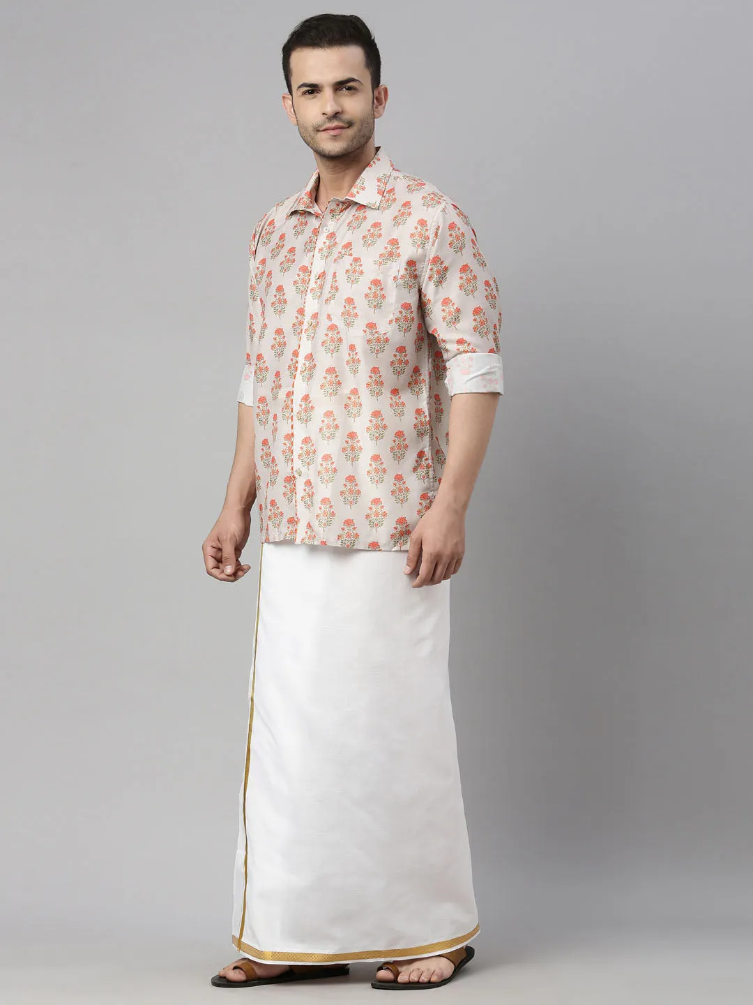 Men's Multicolor-Base-Beige And White Muslin Blend Shirt And Mundu - Vastramay