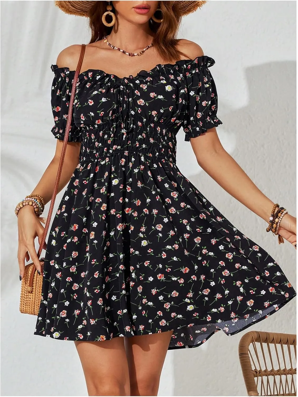 Milumia Women's Floral Off Shoulder Puff Sleeve Short Dress Boho Frill Trim A Line Mini Dresses