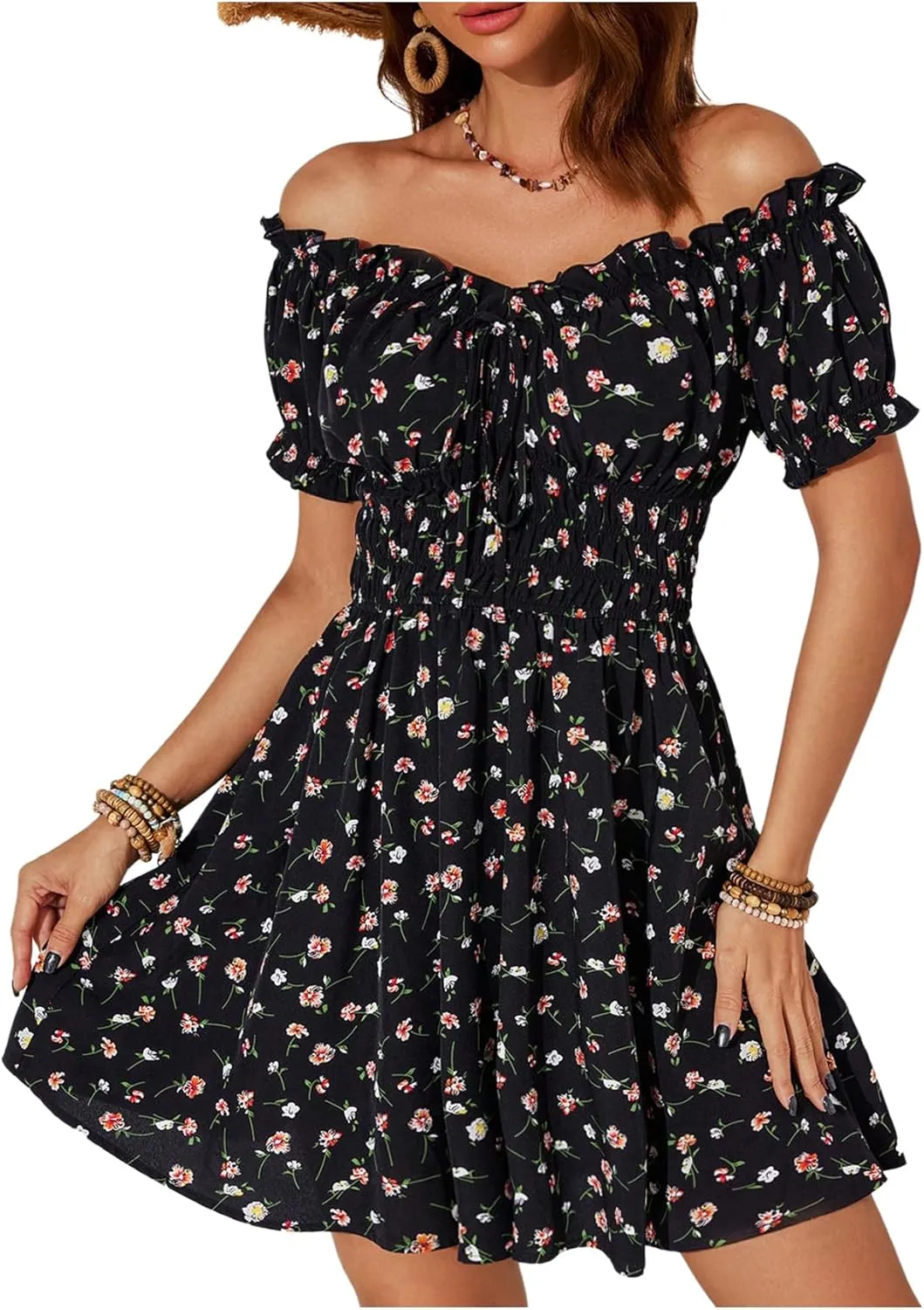 Milumia Women's Floral Off Shoulder Puff Sleeve Short Dress Boho Frill Trim A Line Mini Dresses