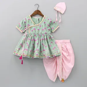 Mint Green Angarkha Style Top And Gota Lace Detailed Baby Pink Dhoti With Matching Mukut