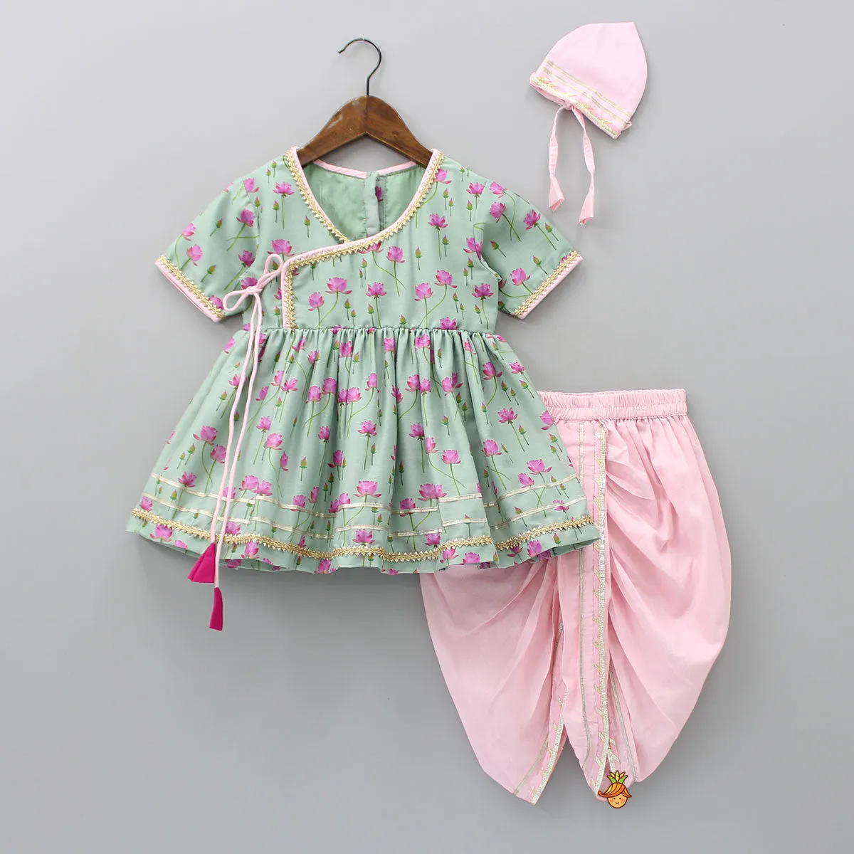 Mint Green Angarkha Style Top And Gota Lace Detailed Baby Pink Dhoti With Matching Mukut