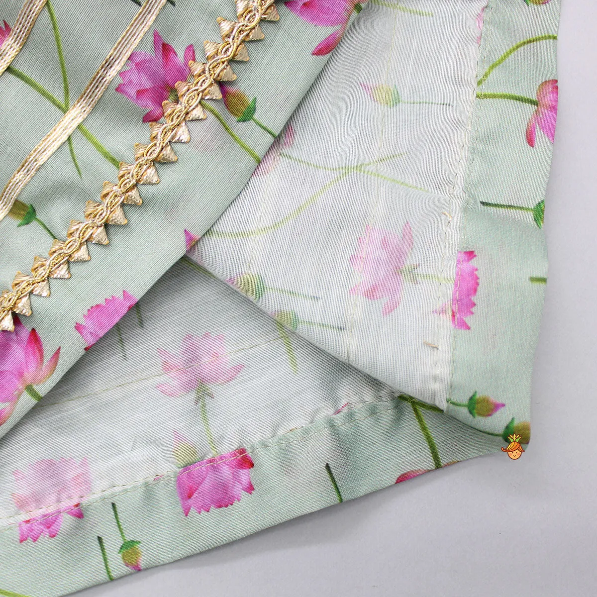 Mint Green Angarkha Style Top And Gota Lace Detailed Baby Pink Dhoti With Matching Mukut