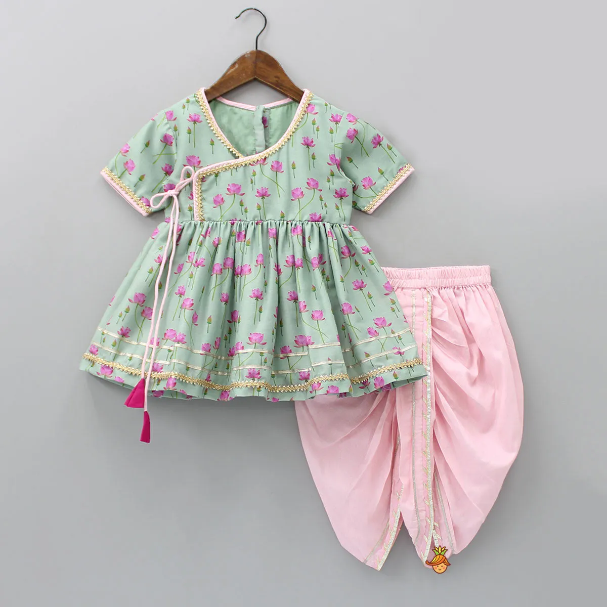 Mint Green Angarkha Style Top And Gota Lace Detailed Baby Pink Dhoti With Matching Mukut