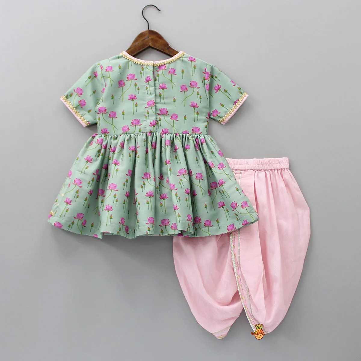 Mint Green Angarkha Style Top And Gota Lace Detailed Baby Pink Dhoti With Matching Mukut