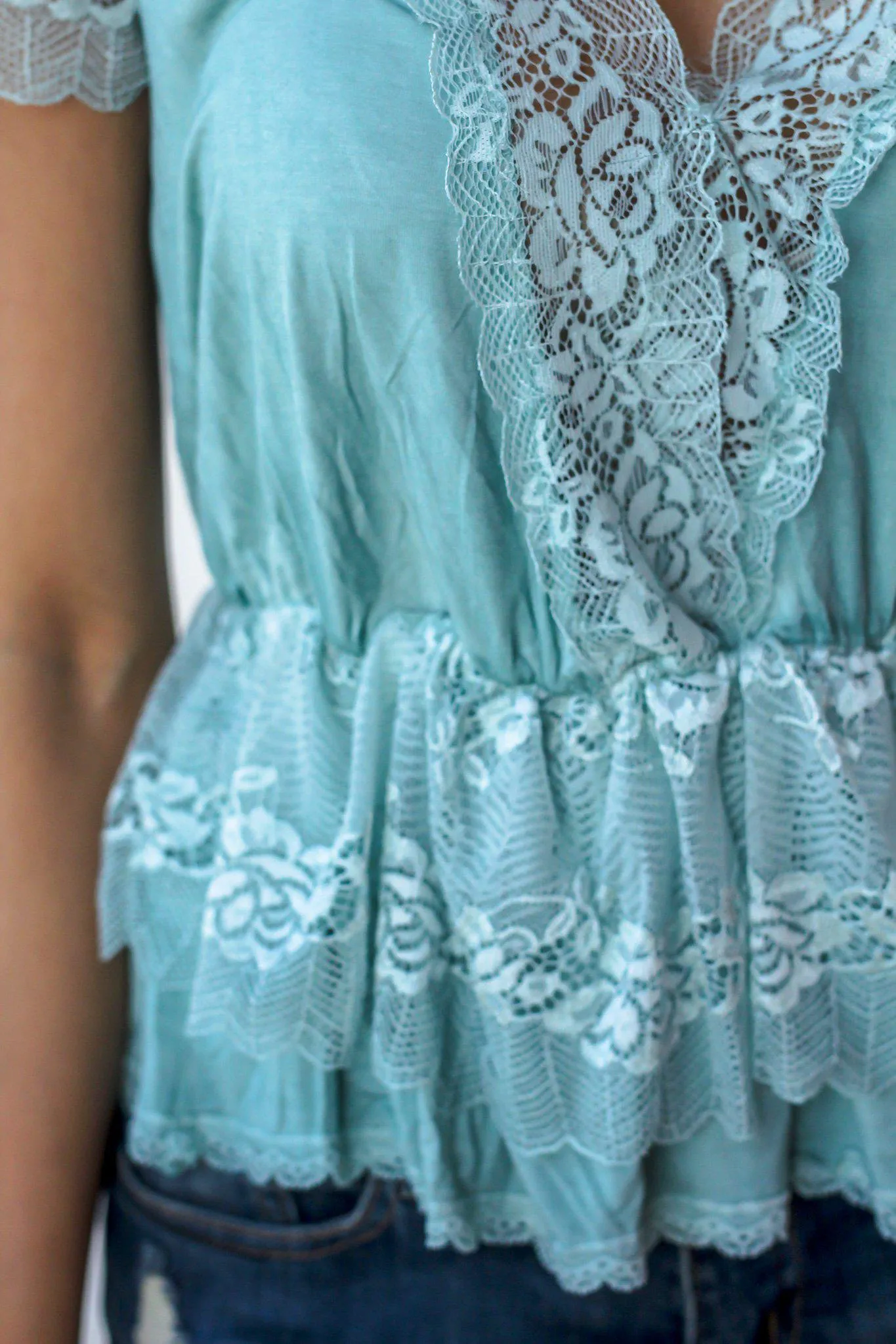 Mint V-Neck Top with Lace Details