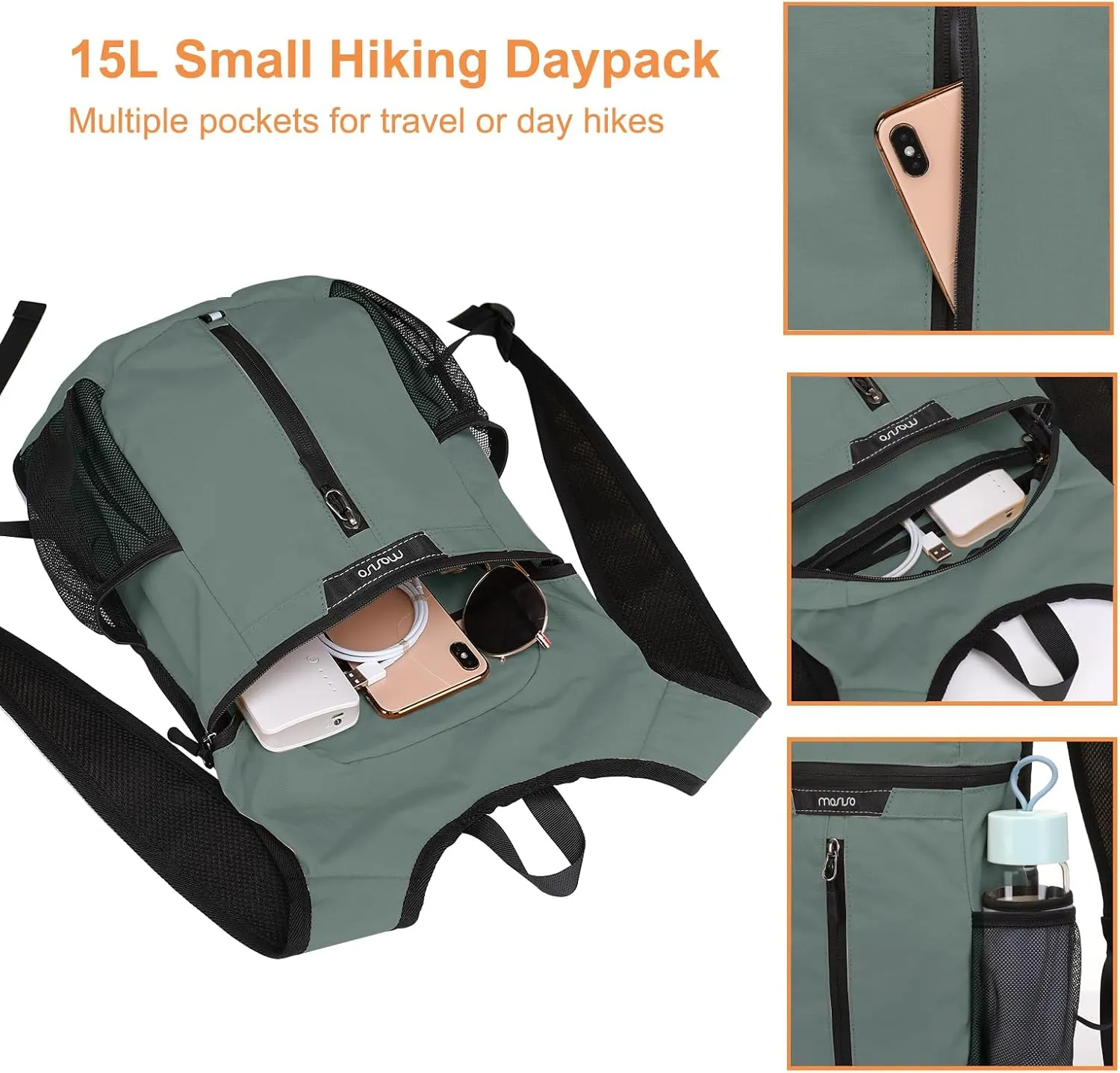MOSISO Lightweight Hiking Daypack Small Packable Travel Hiking Backpack, Foldable Shoulder Bag with Front Vertical Pocket