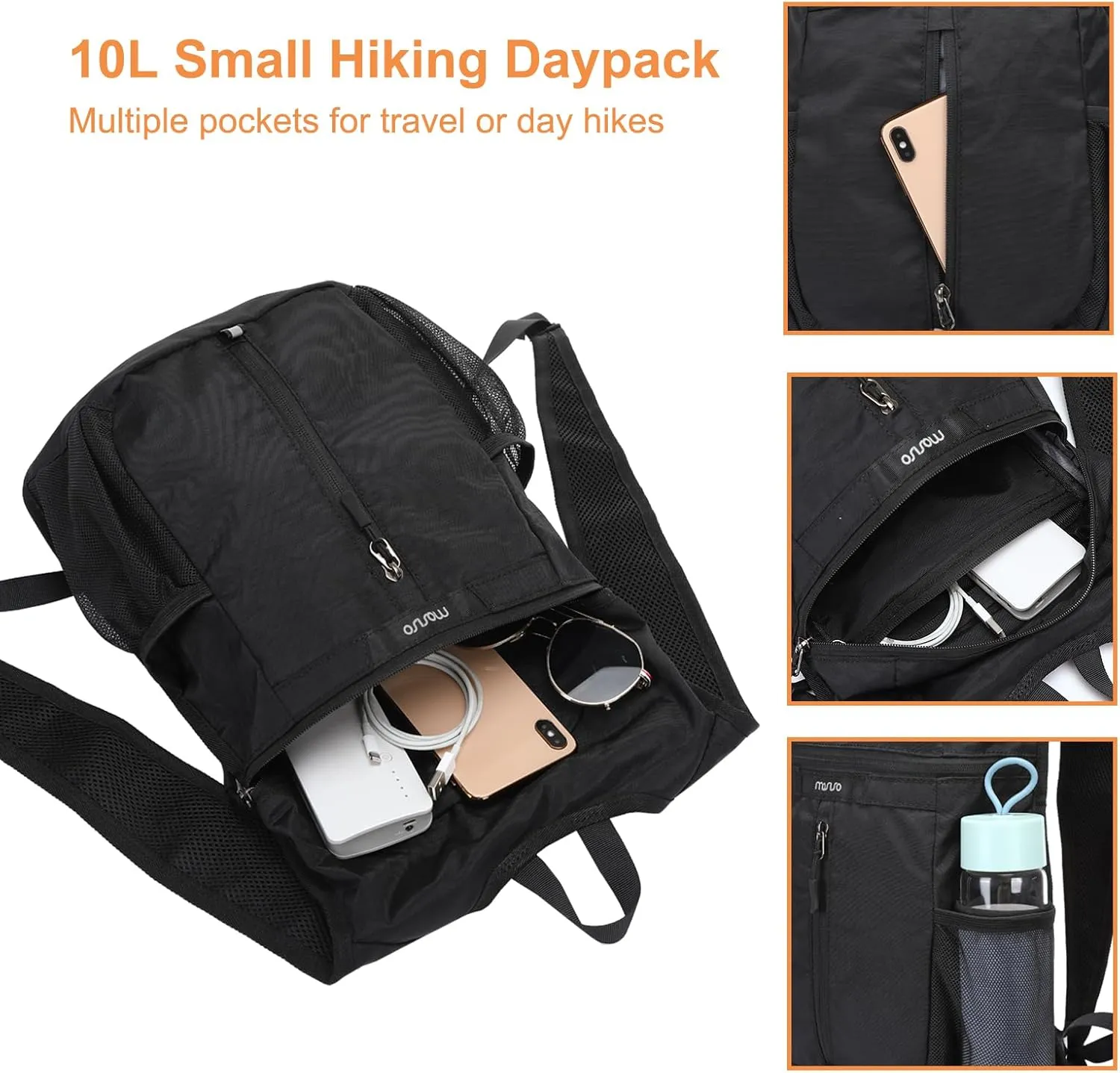 MOSISO Lightweight Hiking Daypack Small Packable Travel Hiking Backpack, Foldable Shoulder Bag with Front Vertical Pocket