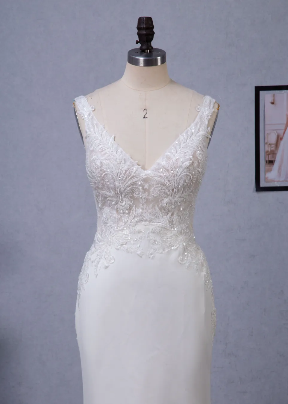 Motifs Crepe Sheath Shaped Court Lace Train Wedding Dress