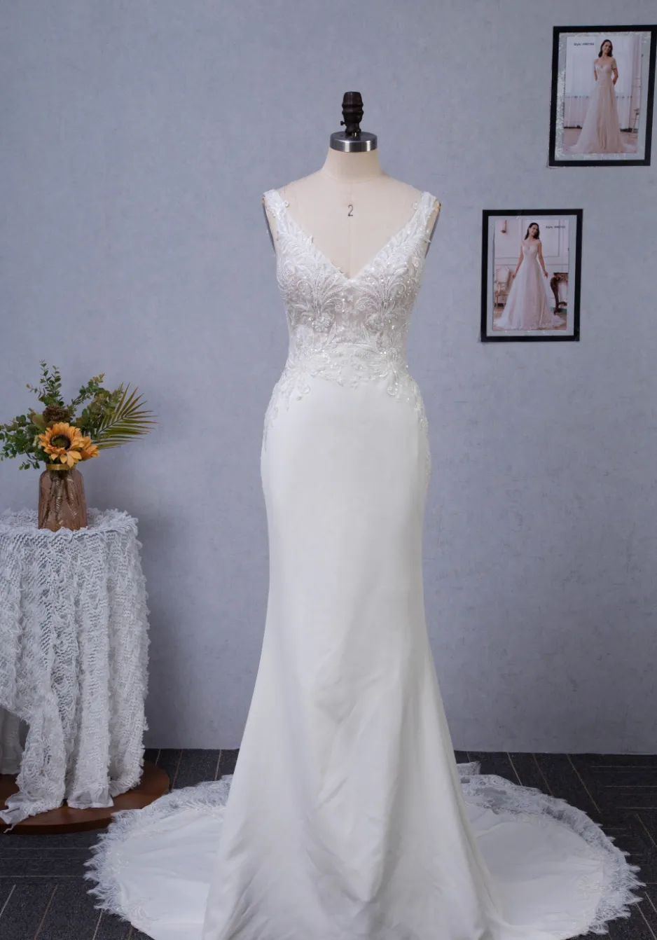 Motifs Crepe Sheath Shaped Court Lace Train Wedding Dress