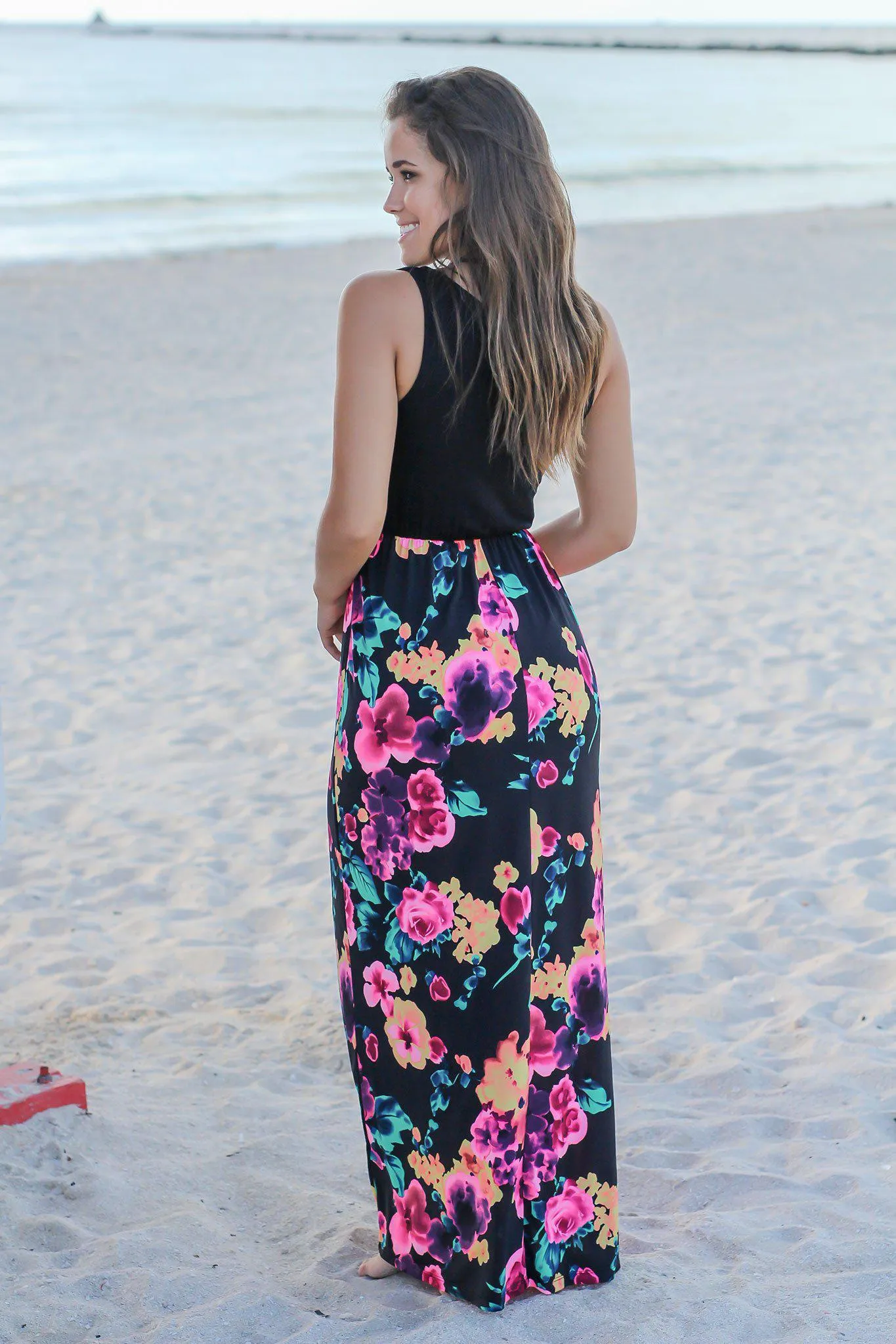 Neon Floral Maxi Dress with Black Top