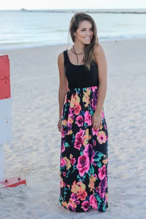 Neon Floral Maxi Dress with Black Top