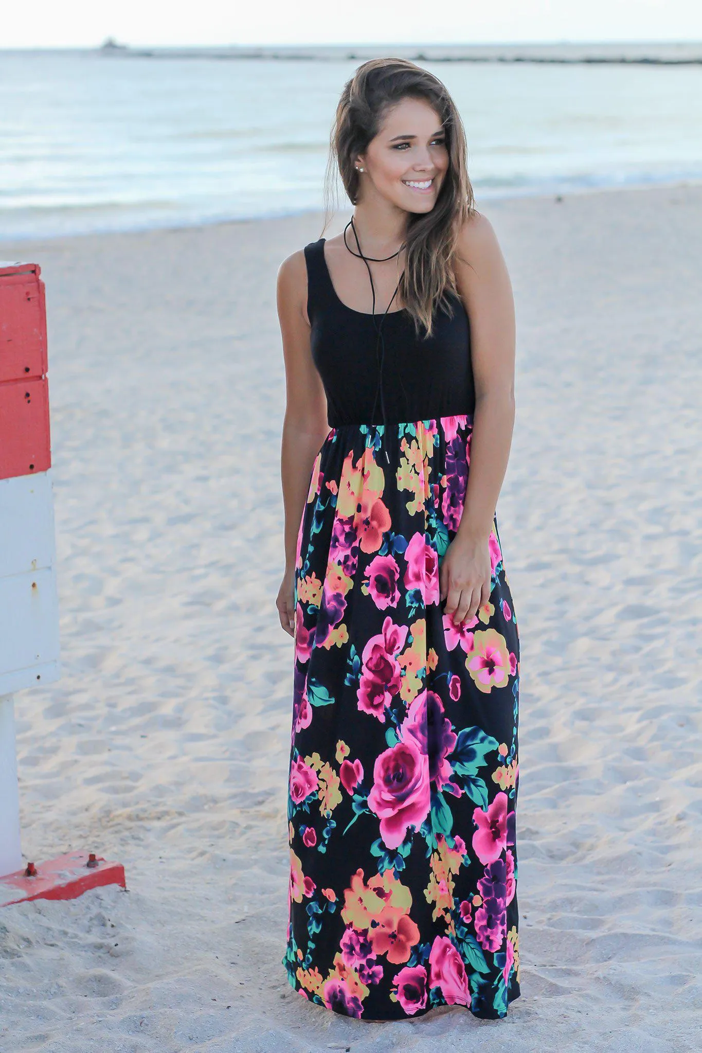 Neon Floral Maxi Dress with Black Top