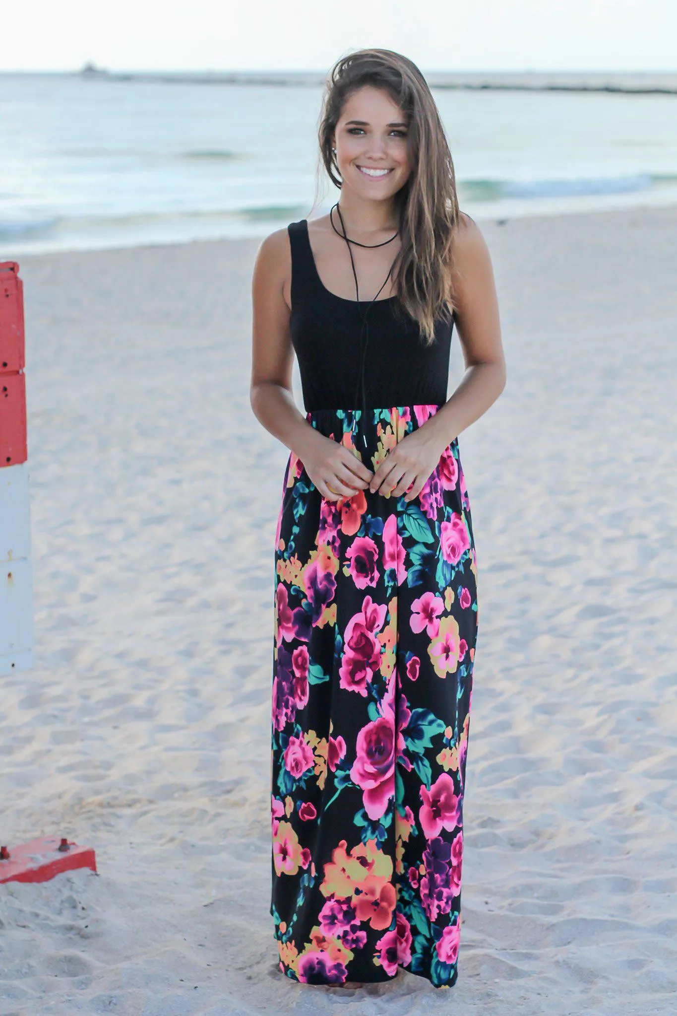 Neon Floral Maxi Dress with Black Top