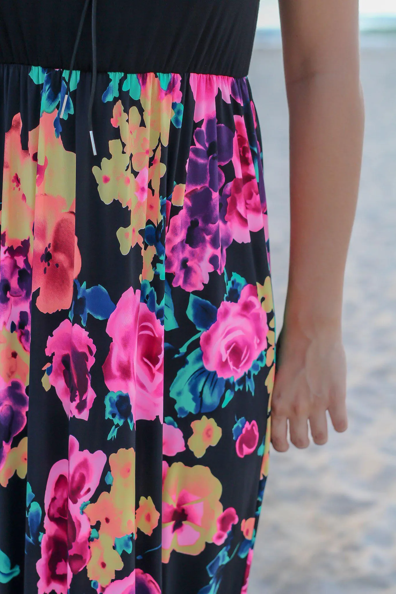 Neon Floral Maxi Dress with Black Top