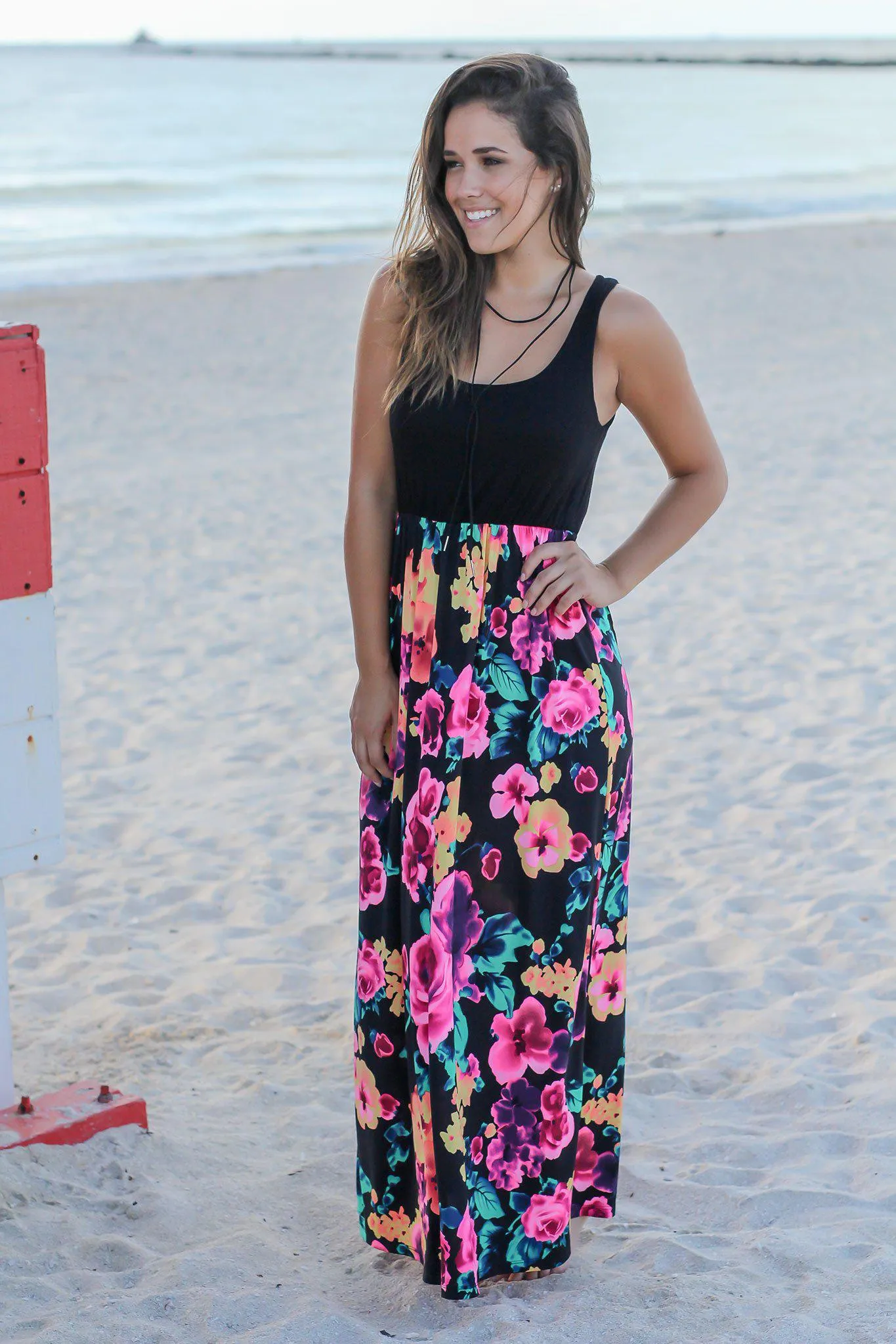 Neon Floral Maxi Dress with Black Top