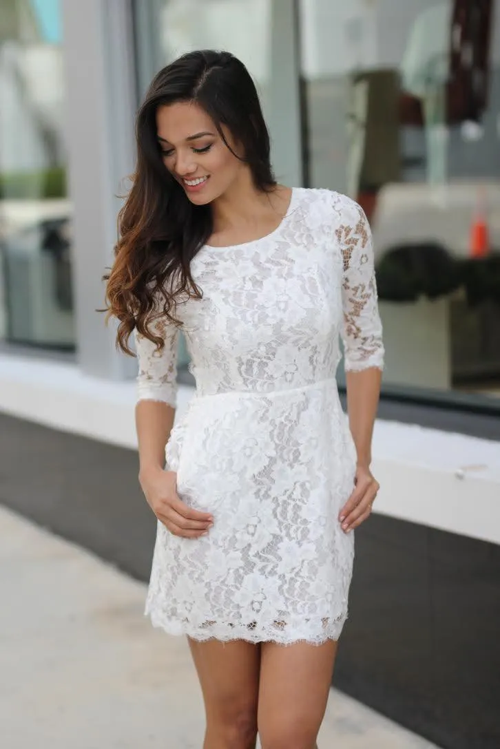 Off-White Lace Short Dress with Pockets