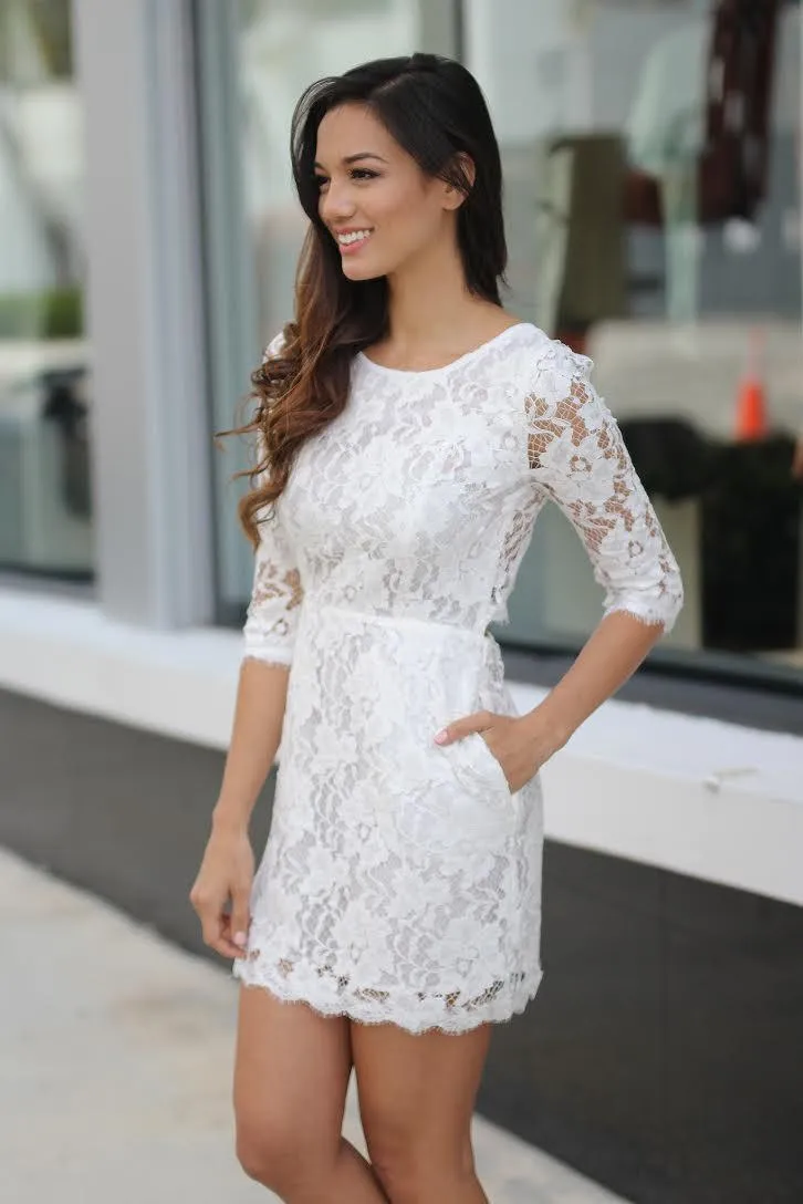 Off-White Lace Short Dress with Pockets