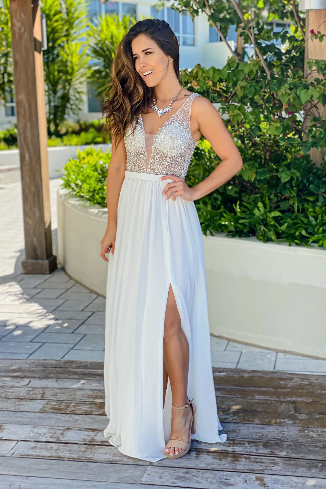 Off White Sequin Top Maxi Dress with Side Slit