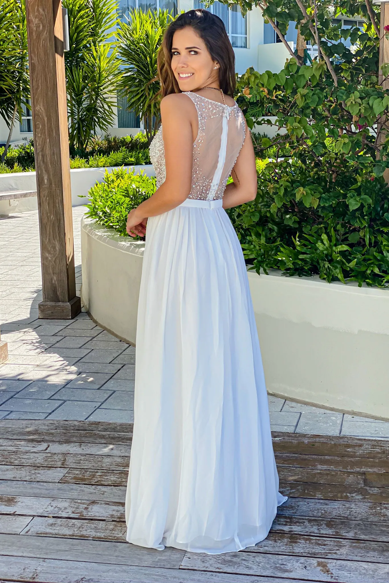 Off White Sequin Top Maxi Dress with Side Slit