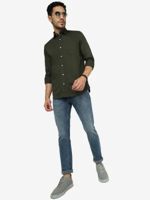 Olive Green Solid Slim Fit Semi Casual Shirt | JadeBlue
