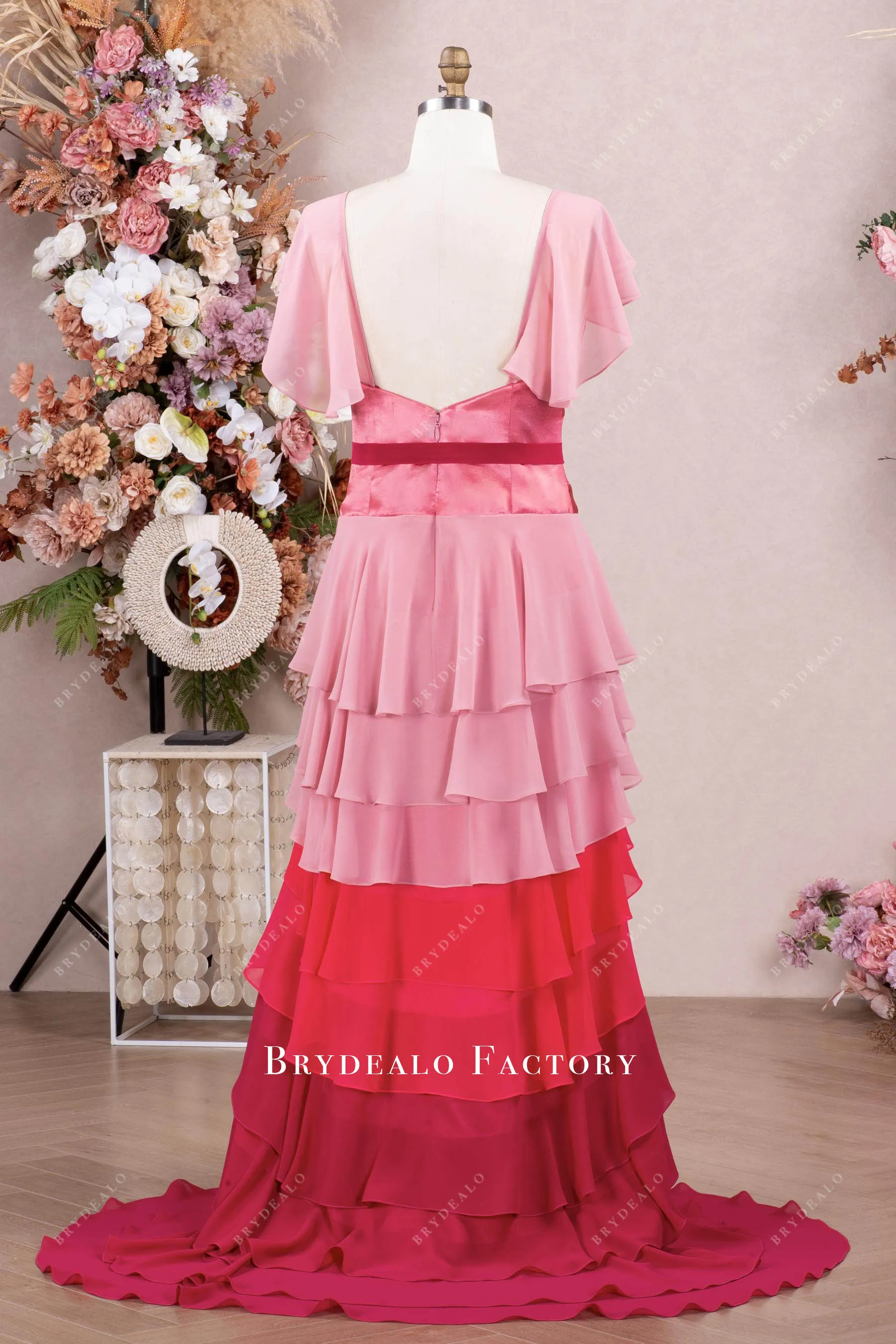 Ombre Pink Hermione Granger Flutter Sleeve Tiered Formal Dress