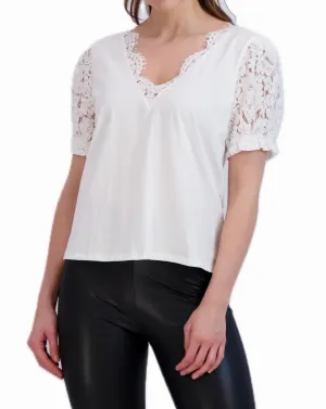 Ookie & Lala V-Neck Top with Lace Trim Collar and Sleeves