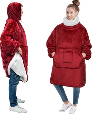 PAVILIA Sherpa Wearable Blanket Hoodie Women Men, Oversized Hoodie Sweatshirt Blanket, Hooded Sweater Blanket Neck Warmer, Thick Fleece Hug Sleep Pod Adult, Cozy Warm Plush Gift Ideas Mom Wife, Red